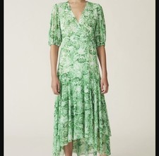 GANNI True Wrap Dress 42 Stretch Mesh Green Floral Print Maxi Sheer Puff Sleeves