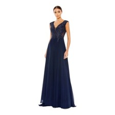 Mac Duggal 20264 Womens 20 Appliqued Bodice Flowy Navy Beaded Dress $598