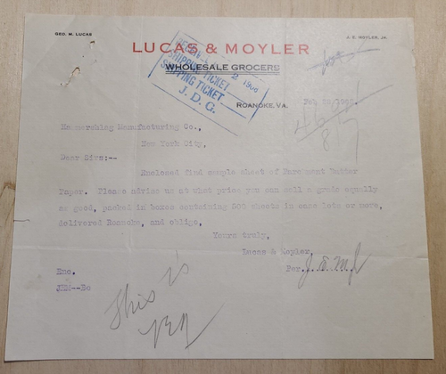 1908 Antique Document, Lucas & Moyler Magasin D'Alimentation, Roanoke VA , Signé - Photo 1 sur 4