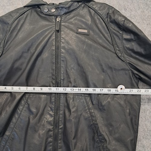 Ecko Unltd Jacket Mens XL Black Leather Look Full Zip Hood Biker Coat Y2K Retro - Picture 3 of 9