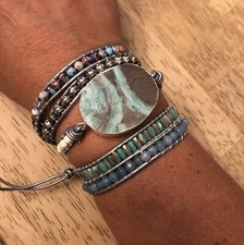Natural Stone Vintage Leather Wrap Boho Bracelet Gift For Women, Blues  Purples