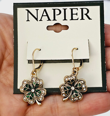 Napier 4 Leaf Clover Green Embellished Rhinestone St Patrick's Dangle Earrings