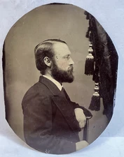 Antq 4.5"x6" tintype high Victorian portrait of handsome man, some spots on face