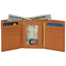 Tan RFID Blocking Mens Genuine Leather Trifold Wallet ID Card Center Flap Holder