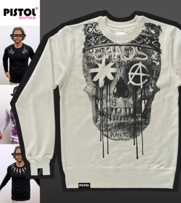 Pistol Boutique Sweatshirt Homme Coton Beige Crâne Graffiti Couronne - Photo 1/4