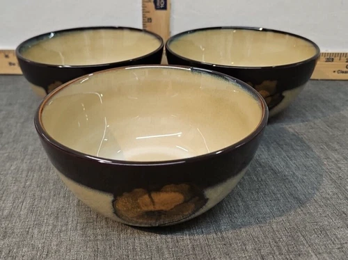 3 Pfaltzgraff Painted Poppies Cereal Soup 6” across top Brown and Tan Bowl