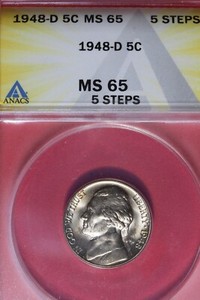 1948 D- ANACS 5C MS65 5 STEPS JEFFERSON NICKEL #B48466