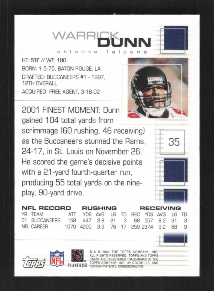 2002 Topps Finest #35 Warrick Dunn Signed IP Auto Autograph Falcons - Image 2 of 2