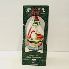 Santa's Best Ornament Santa Claus on Sailboat Ship 6.5" Blown Glass Glitter
