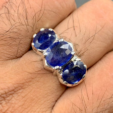 Natural Blue Sapphire Stone Three Sapphire Couple Ring Engagement Ring Fine Ring