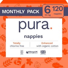 Pura Eco Baby Nappies - Size 6 (13kg+ / 26+ lbs), 6 x 20 Nappies (120 Total), M 2.65 per nappy