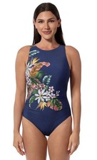 Jantzen Swimsuit Pantheon Blue 10 Palm Delight Farrah High Neck One Piece NWT  
