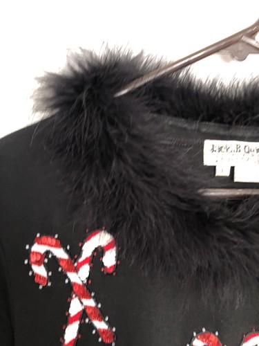 Maglione Natalizio Jack B Quick Nero Rosso Paillettes Canne di Caramelle Ecopelliccia Taglia L - Foto 3 di 11