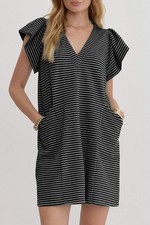 Black Stripe Textured Knit V Neck Flutter Sleeve Shift Mini Dress