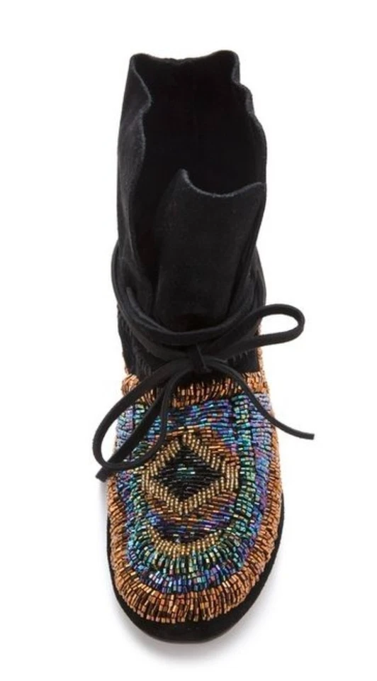 House of Harlow 1960 Botas Mocasín de Gamuza con Cuentas con Cordones Negro Dorado Boho Festiva Foto 3 de 4