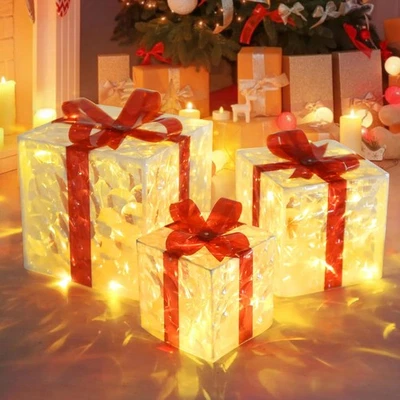 DDDONE 3Pcs Light Up Present Boxes Christmas with Timer,8 Flash Modes and Bow LED Box
