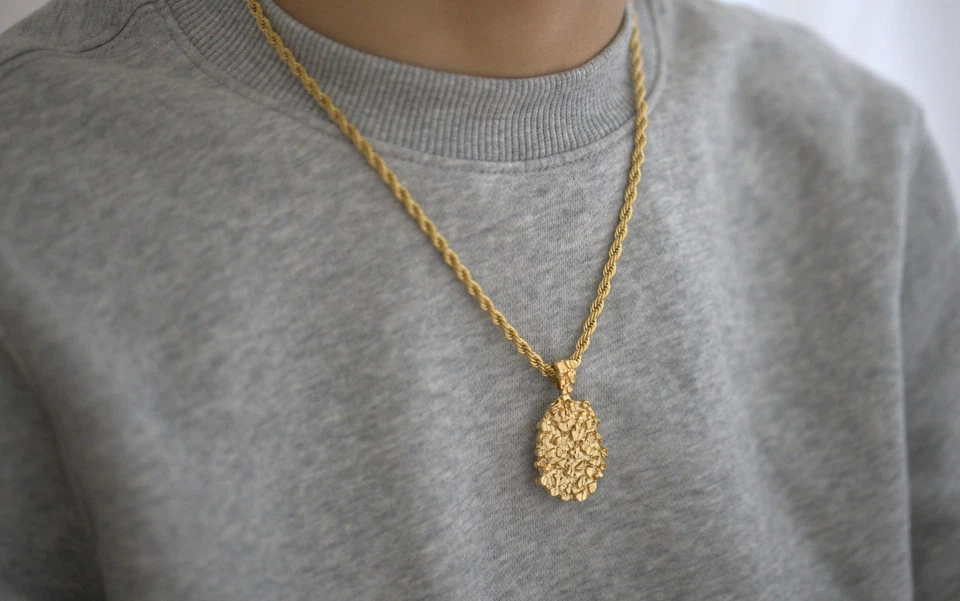 Ожерелье с золотым самородком, цепочка с золотым самородком, позолоченное золото 14 карат, французская веревка 4 мм - Изображение 3 из 4