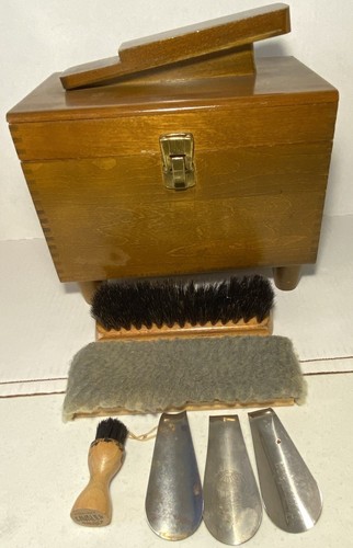 Vintage Shoe Shine Box with Contents Horse Hair Brushes Shoe Horns Dauber Buffer