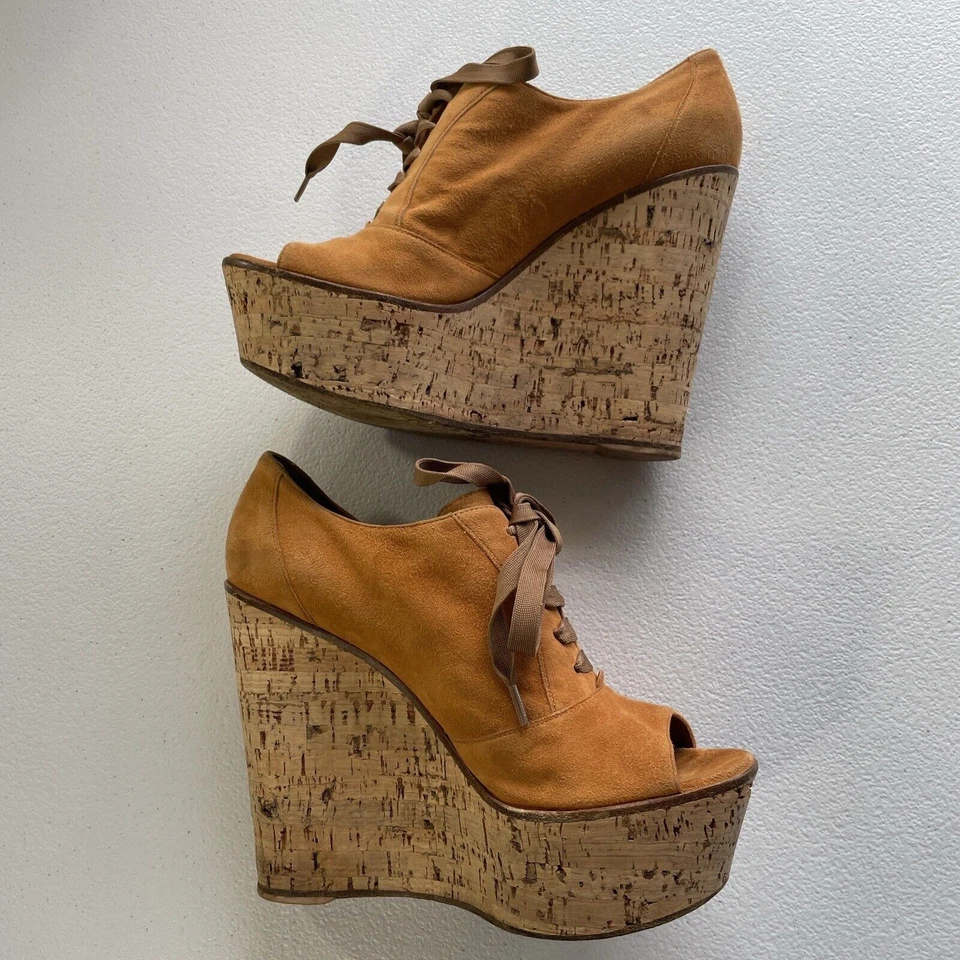 Gianvito Rossi Gamuza Corcho Punta Abierta Zapatos Plataforma Con Cordones Naranja/Beige Mujer 37 Foto 3 de 4