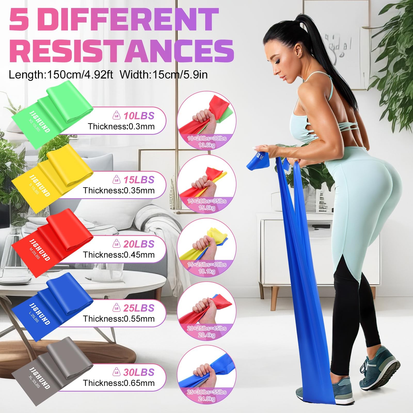 5 Pcs Resistance Bands, Professional Exercise Bands Elastic Stretch Bands