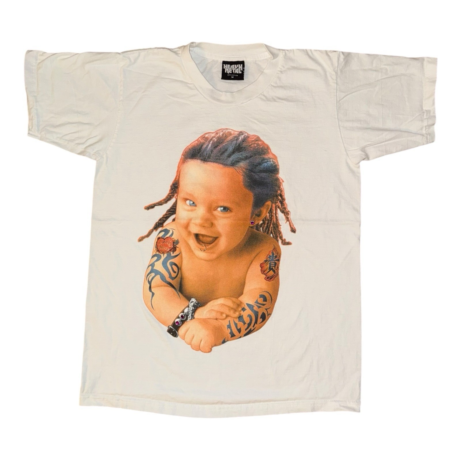 Vintage Pierced Baby T-shirt Womens M White Y2K Heavy Metal Punk Tattoos Graphic