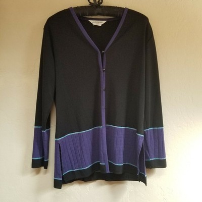 Misook Womens Button Down Top Long Sleeves V-Neck Black Small Petite Purple