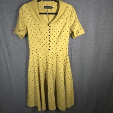 Gown Town Yellow Polka Dot Fit & Flare Dress Womens Large Retro Rockabilly Pin