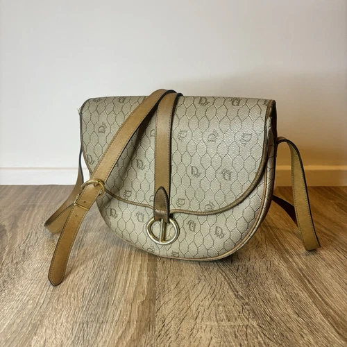 Vintage Christian Dior Sac bandoulière en toile marron nid d'abeille monogramme AUTH