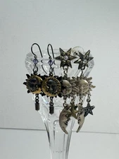 Vintage Celestial Sun Moon Star Dangle Earrings Set of 2 Pairs