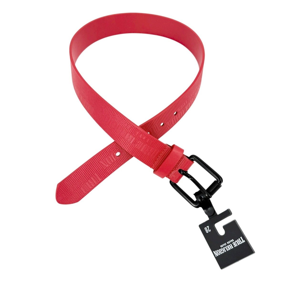 True Religion Mens Red Van Belt Textured Logo Roller Buckle Faux