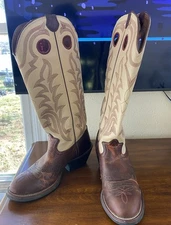 Tony Lama Buckaroo 16" Western Boots Men 8.5 D Beige Brown Cowboy Pull Shoes