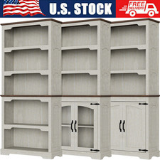70" White Rustic Bookcase 5-Tier Open Shelf / Glass Door Storage Bookshelf