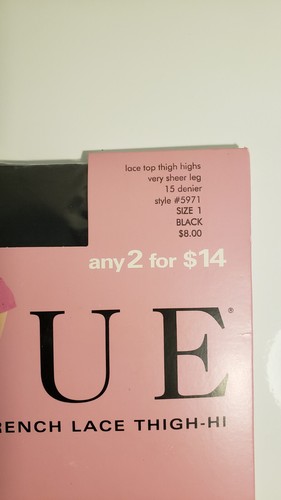 HUE Thigh-Hi French Lacetop, Black, Size 1, Lace Top Thigh Highs Style 5971, - Picture 3 of 5