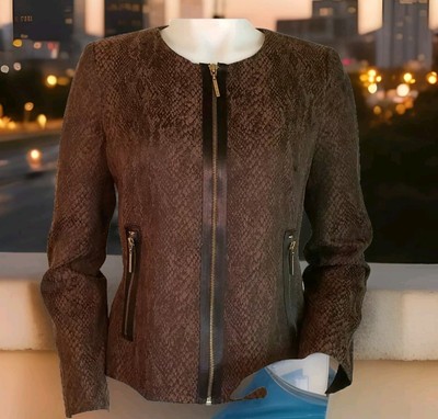 Dana Buchman Faux Snake Blazer Womens 4 Brown Black Collarless Zip Front Jacket