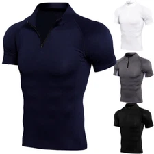 Mens Compression Shirt Stand-up Collar Zip Base Layer Short Sleeve Tight