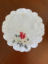 Christmas 11" Round Embroidered Doily Candles, Poinsettia, Holly