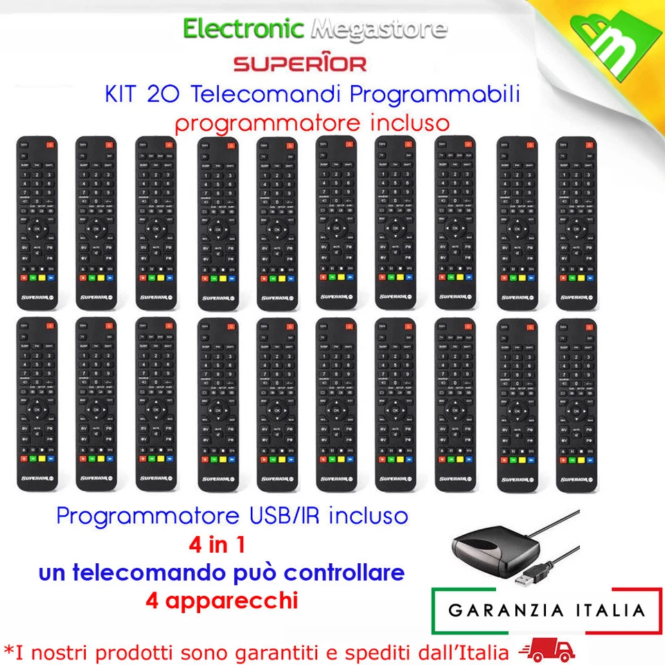 SUPERIOR KIT 20 TELECOMANDI UNIVERSALE PROGRAMMABILE 4:1 DA PC PER TV,DECODER ETC..