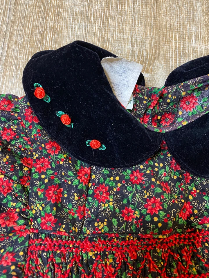 Vestido Vintage Polly Flinders Niños Niñas 4T Floral Mangas Largas Cuello Rojo Rosa Foto 2 de 4