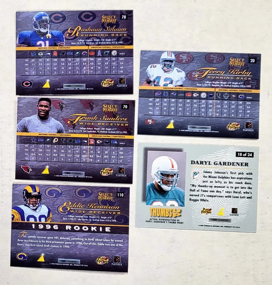 1996 Pinnacle Select Certified Red & Premium Football LOT 5 Cards! Mint - Image 2 of 2