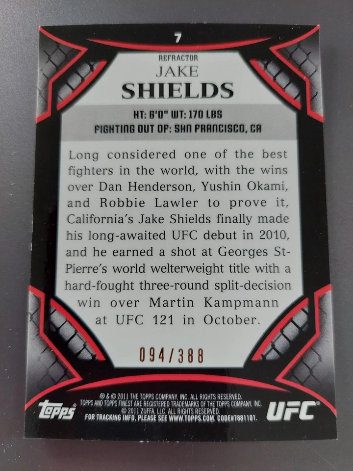 Jake Shields #7 2011 Topps UFC Finest X-Refractor #094/388 - Image 2 of 2