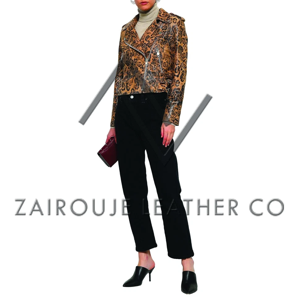 Womens Leather Motorcycle Jacket Leopard Print Biker Moto Zip Up Trendy Coat - Image 3 of 4