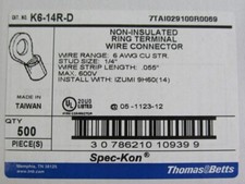 500-PACK NEW THOMAS BETTS SPEC-KON K6-14R-D RING TERMINAL WIRE CONNECTORS 6-AWG