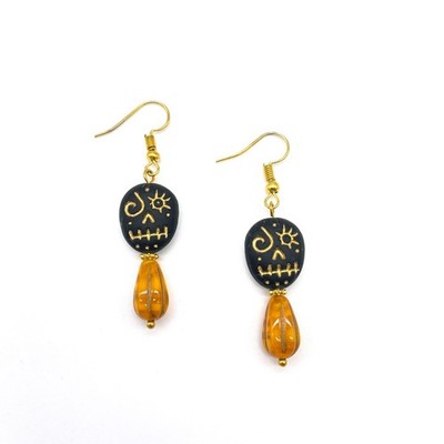 Handmade Artsy Czech Glass Orange & Black Voodoo Face Gold-tone Earrings Dangle