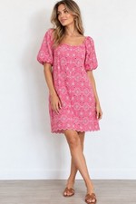 Talbots Plus 18W Pink Cotton Eyelet Embroidered Puff Sleeve Shift Dress Boho