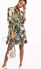 J.Crew Silk Floral Dress Navy Watercolor Print Long Sleeve Ruffle Hem Medium