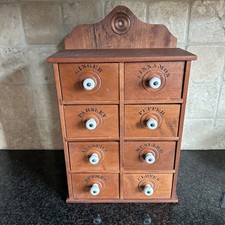 VTG Wooden 8 Drawer Spice Cabinet Box Cupboard Apothecary Hanging Labeled Names