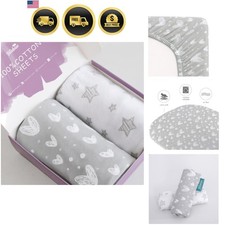 Baby Bassinet Sheets 2 Pack Jersey Cotton Fit Breathable Soft Grey Print