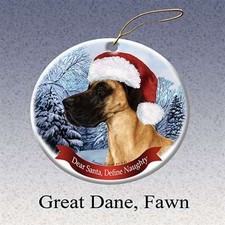 Holiday Pet Gifts Great Dane Uncropped Fawn Santa Hat Dog Porcelain Ornament