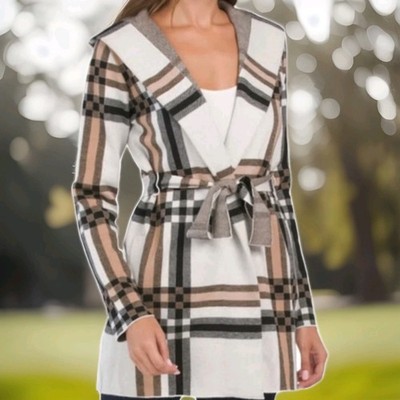 Christian Siriano Hooded Plaid Sweater Cardigan Jacket With Belt 10040 Size S