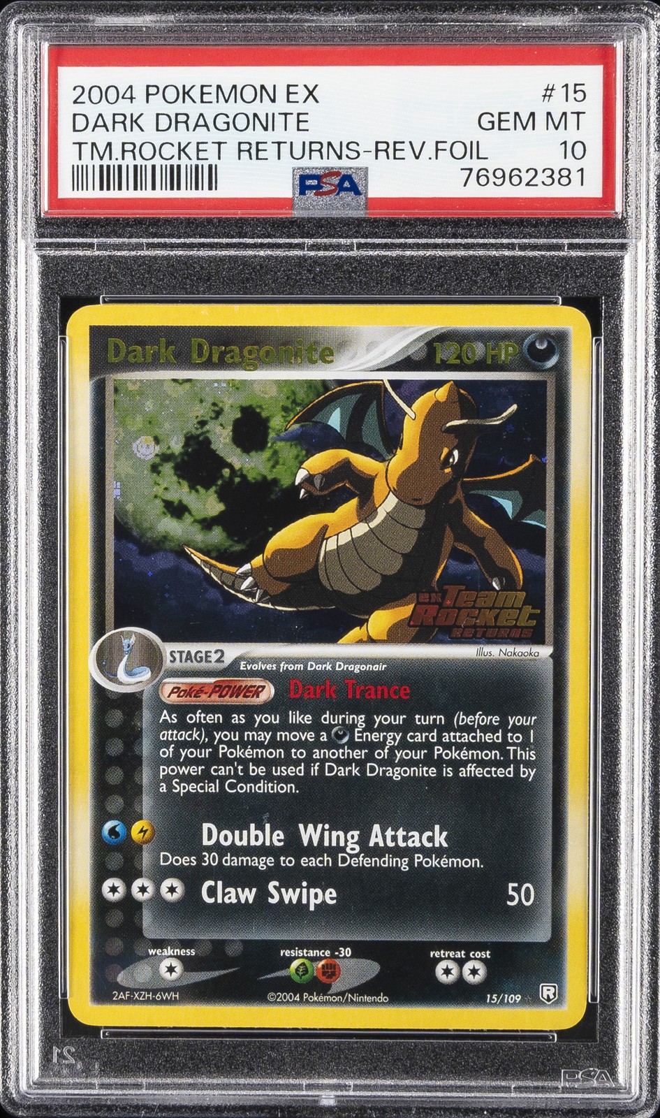 2004 POKEMON EX TEAM ROCKET RETURNS #15 DARK DRAGONITE-REVERSE FOIL PSA 10